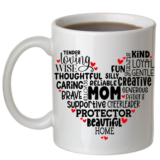Mother Word Heart Mug with red hearts
